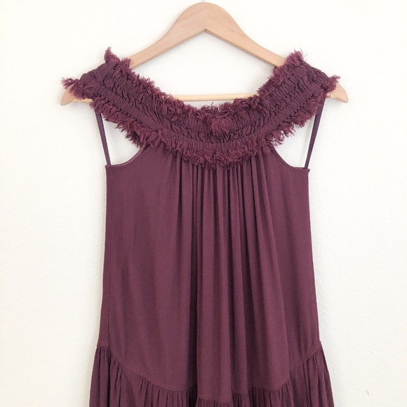 RAQUEL ALLEGRA Off Shoulder Shirred Tiered Midi Dress in Plum - Picture 5 of 9
